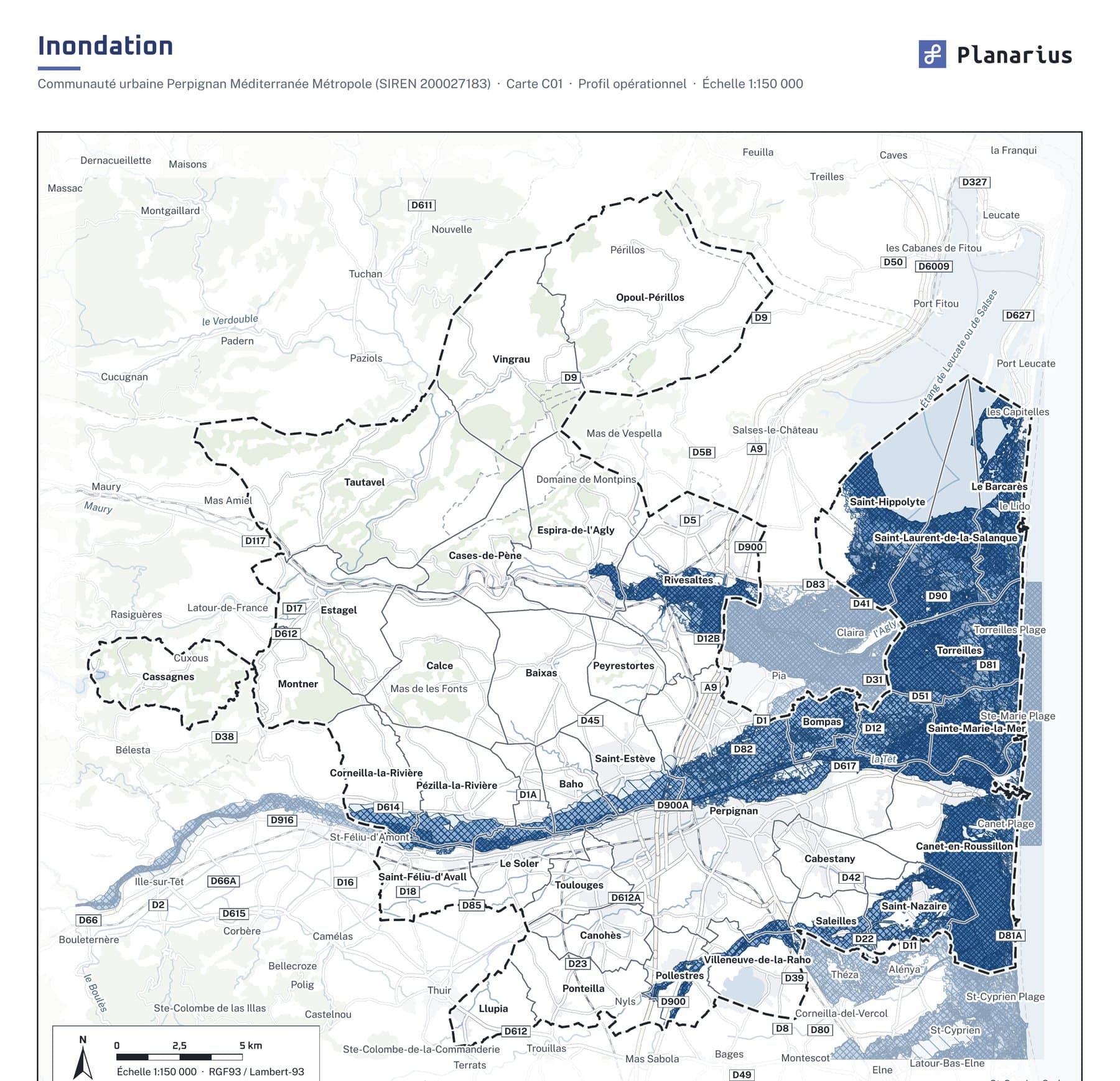 Carte du risque inondation de la communauté urbaine Perpignan Méditerranée Métropole : la limite de l'intercommunalité, la limite et le nom de ses 37 communes, les zones inondables.