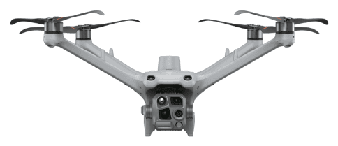 Le drone vu de face, avec sa nacelle : caméras visible et thermique, télémètre laser.