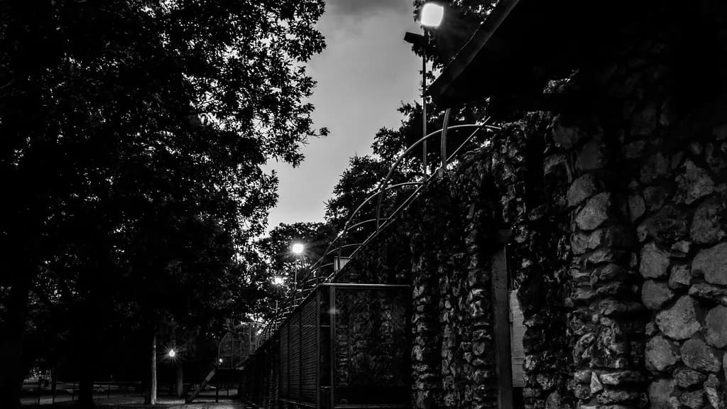 Clôture grillagée surmontée de barbelés le long d'un mur en pierre, éclairée par des lampadaires la nuit, en noir et blanc